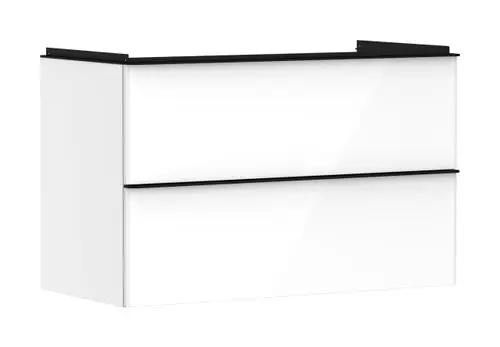 Weißer Waschtischunterschrank mit zwei Schubkästen, glänzender Oberfläche, aus der Serie von Hansgrohe, montiert ohne sichtbare Befestigungen, geeignet für Badezimmer.